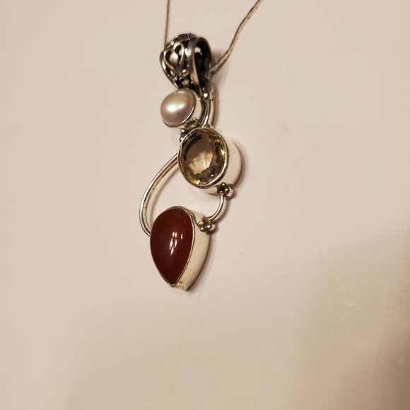 CARNELIAN, CITRINE AND PEARL STERLING SILVER PENDANT - Picture 3 of 8